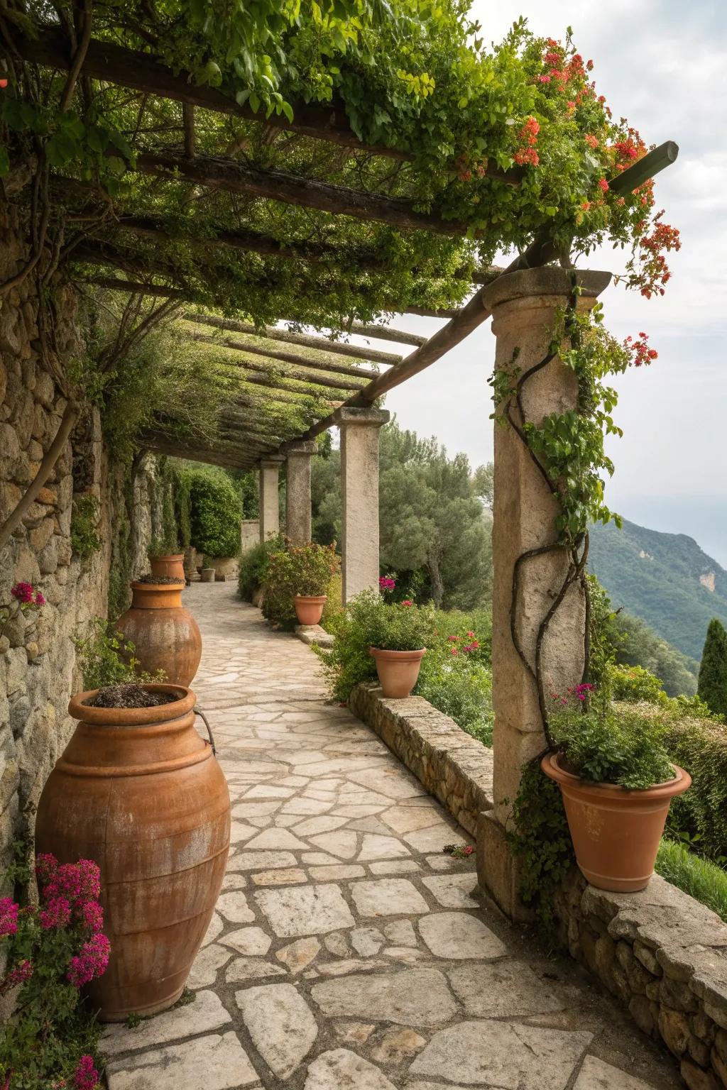 Mediterranean charm with terracotta pots and stone pathways.