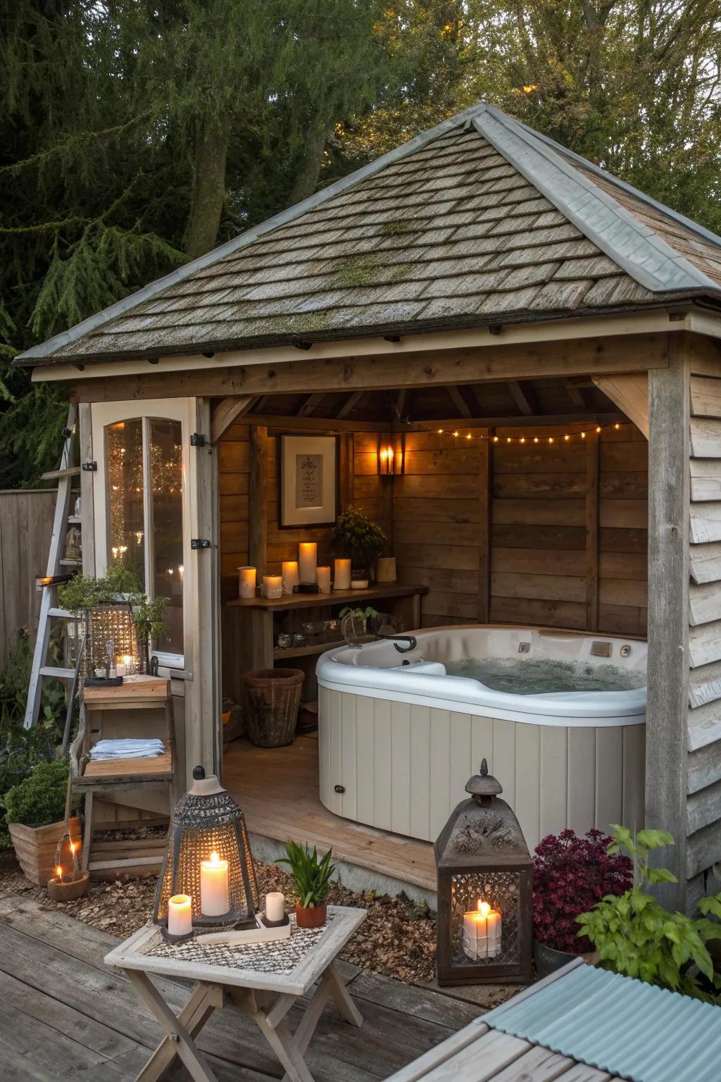 A vintage charm jacuzzi shed with nostalgic touches.