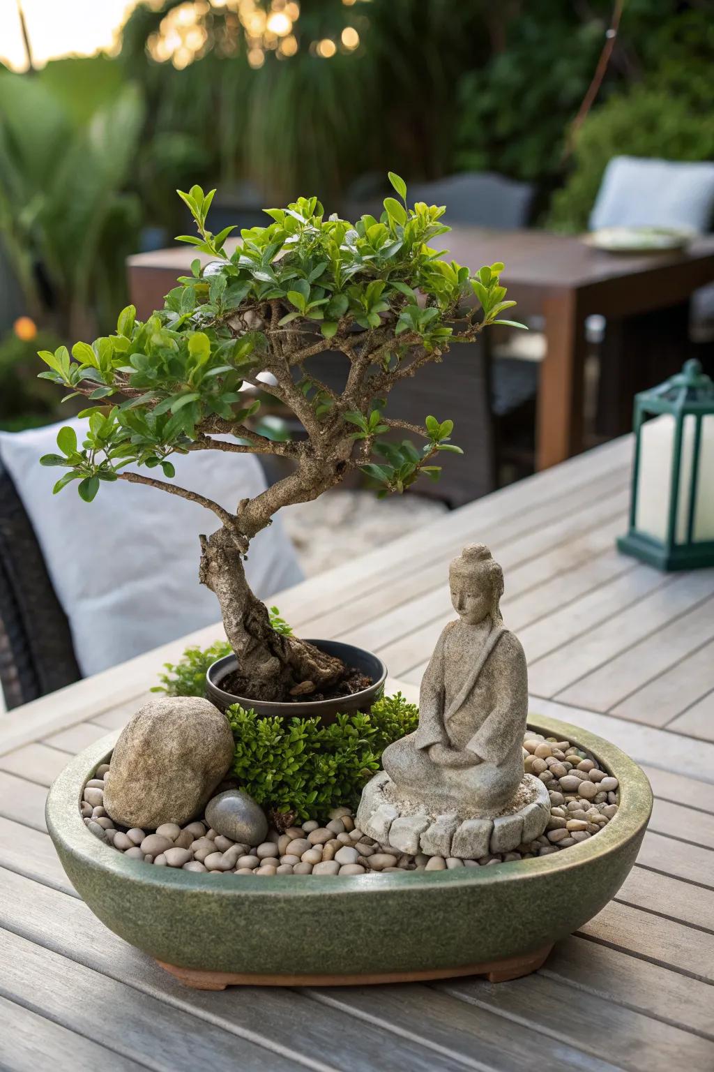 Artistic jade bonsai with sculptural elements.