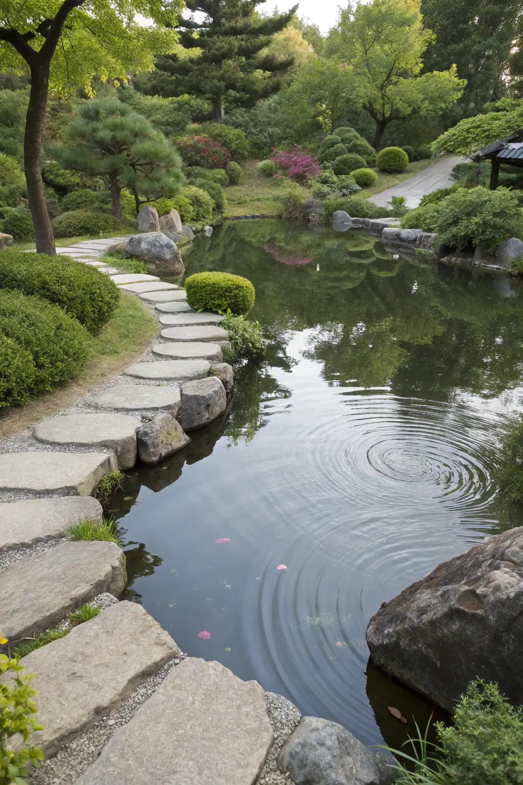 Water features add a dynamic, calming element to this garden.