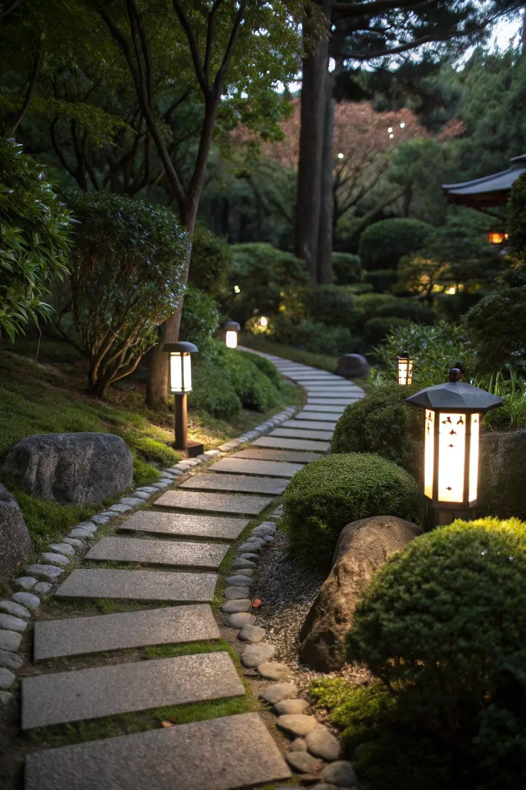LED lights enhancing the garden pathway.
