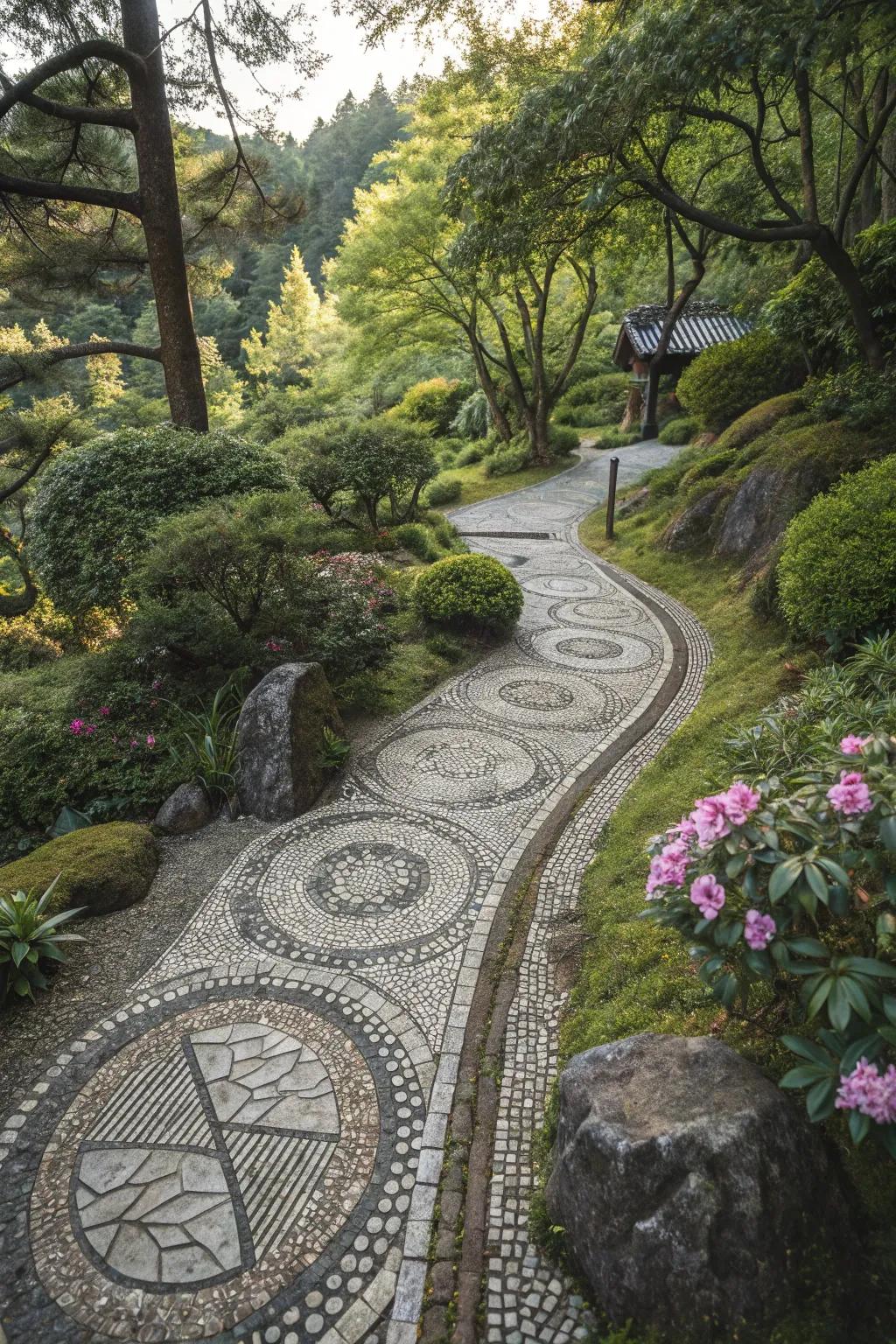 Japanese garden path adorned with intricate and artistic pebble mosaic patterns.