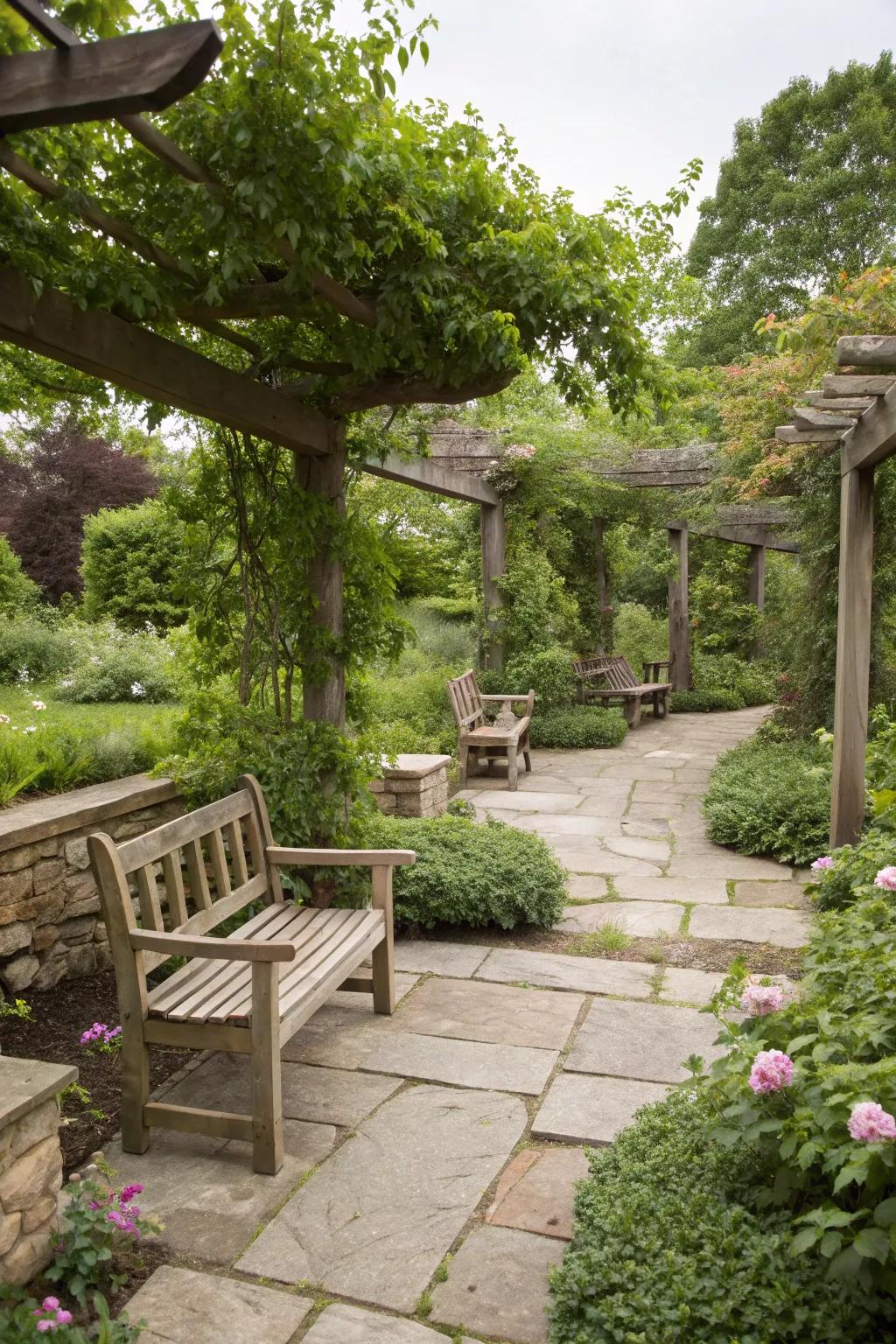 Natural materials like wood and stone enhance the garden's harmony.
