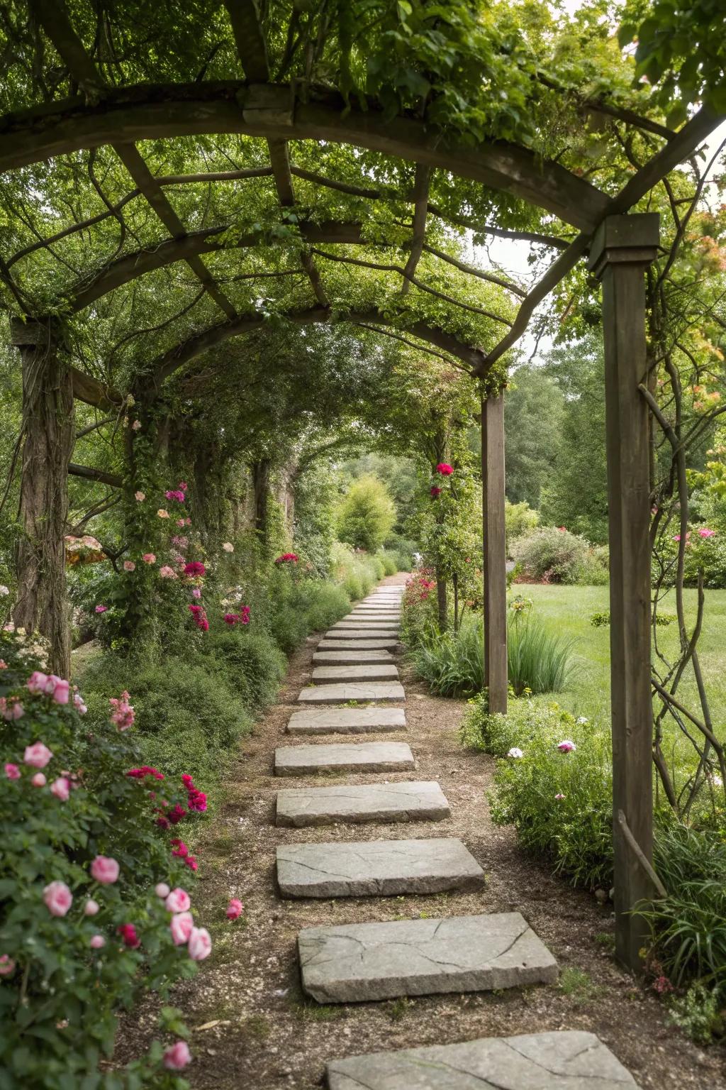 A pathway trellis with stepping stones creates a meditative garden journey.