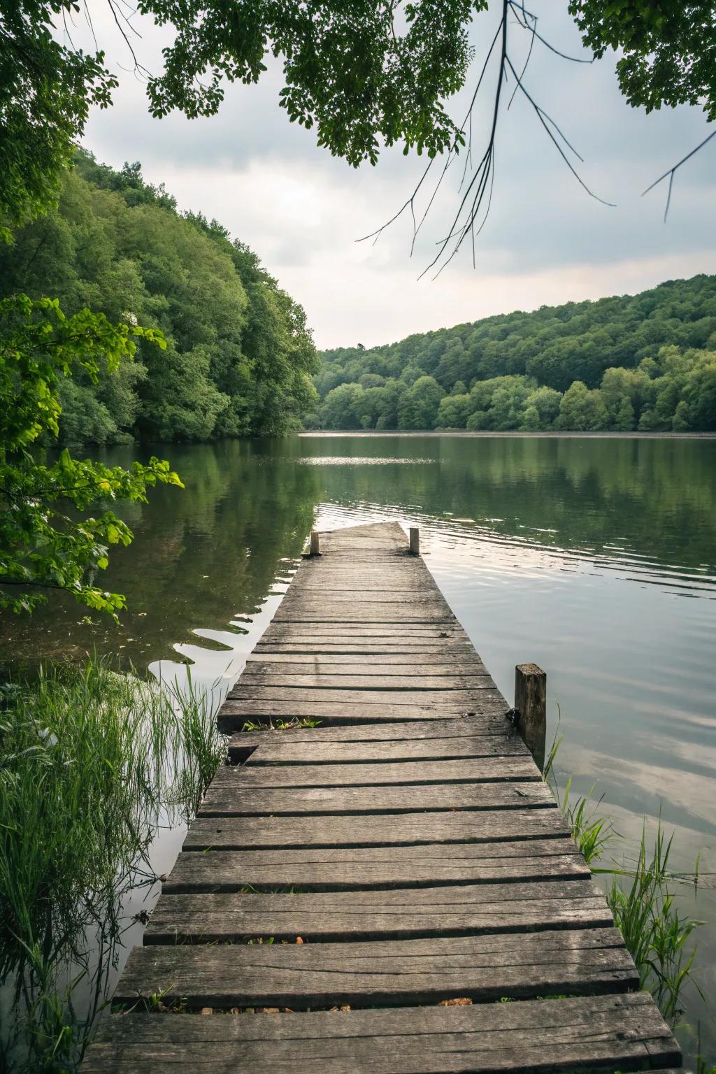 A wooden dock inviting relaxation by the lake.