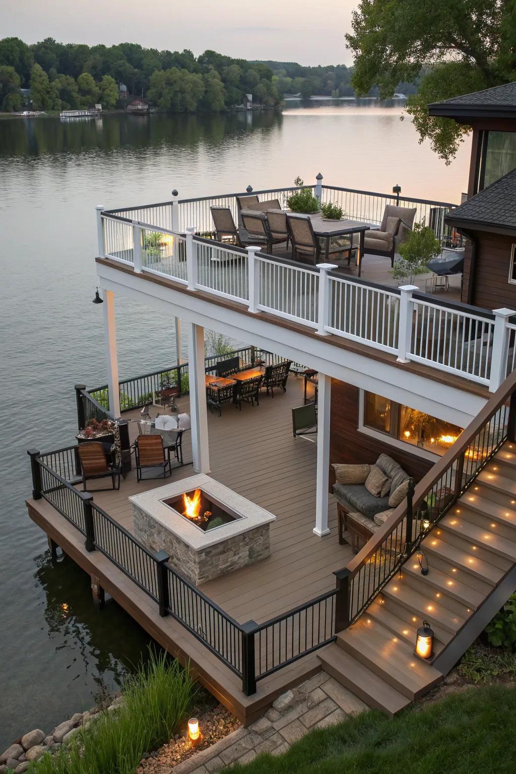 Multi-level decks offer distinct spaces for relaxation.