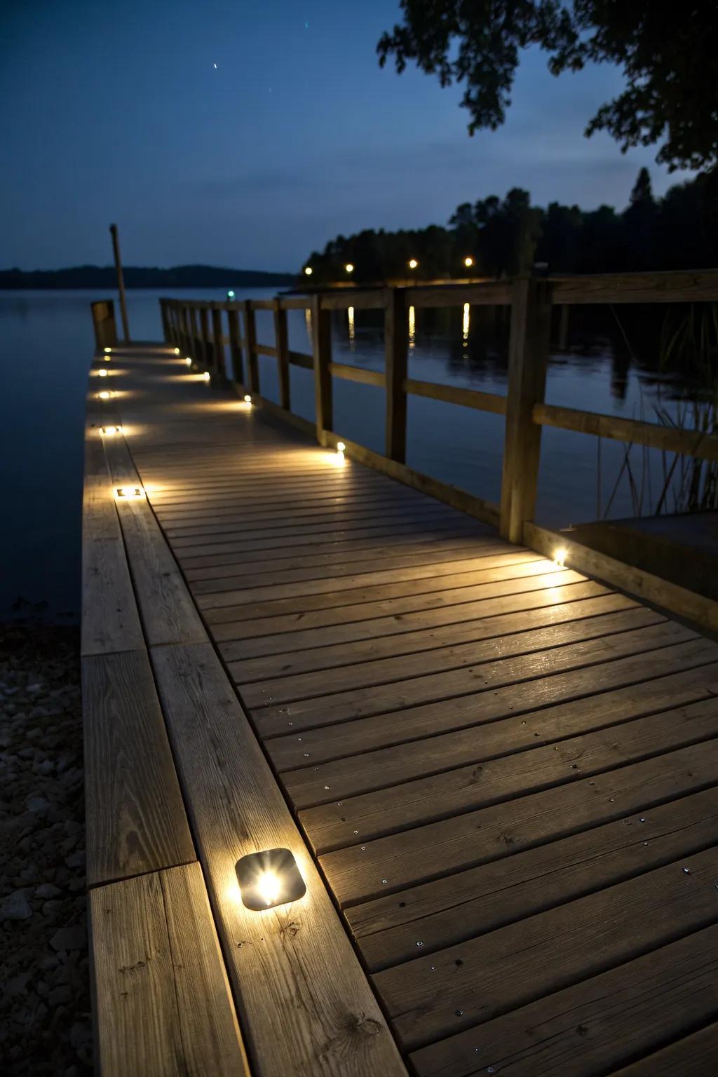 Recessed deck lighting offers elegance and safety, blending seamlessly into the dock.