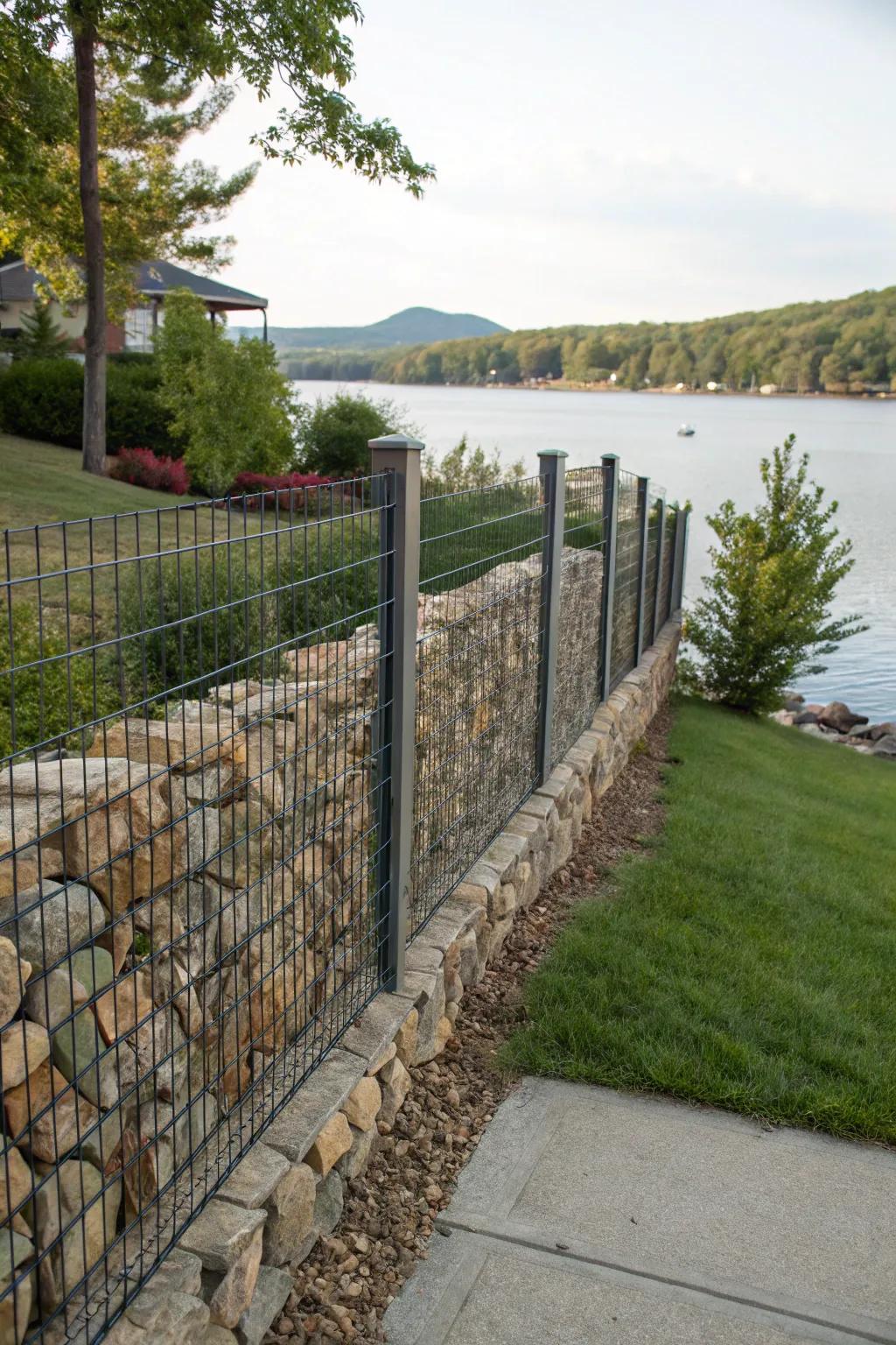 Sturdy gabion wall for a unique lakeside fence.