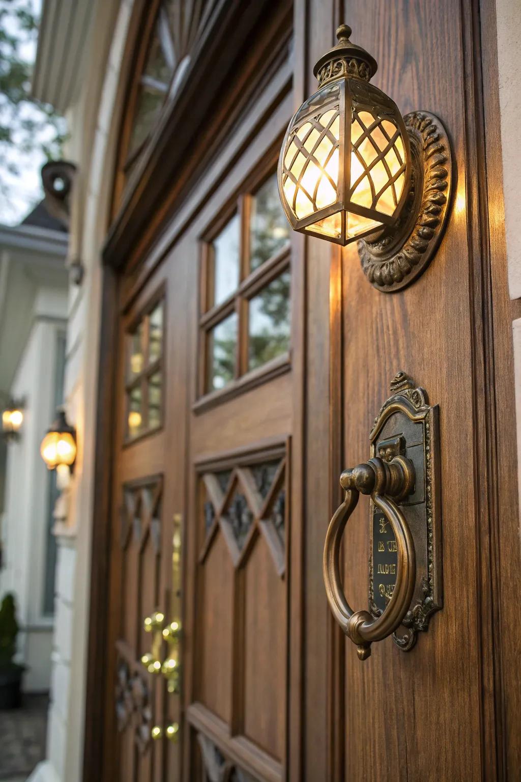 Decorative accents like a brass knocker add charm.