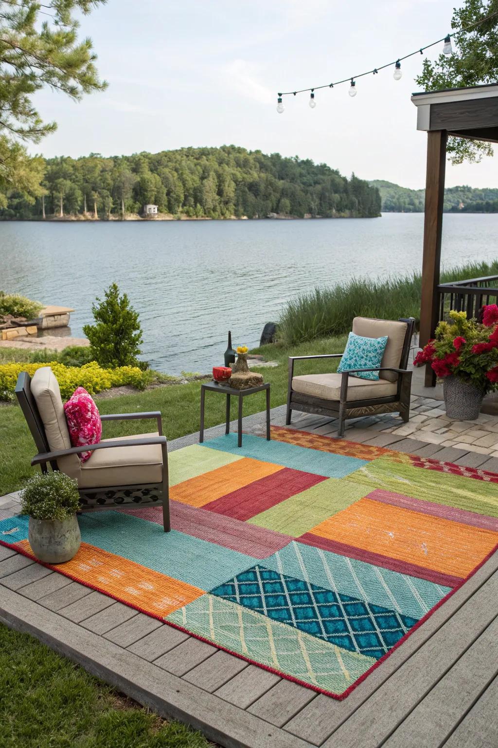 Vibrant rugs bringing warmth and color to the patio space.
