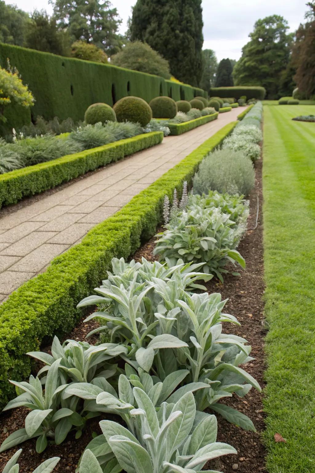 Formal and tidy borders made elegant with lamb's ear.