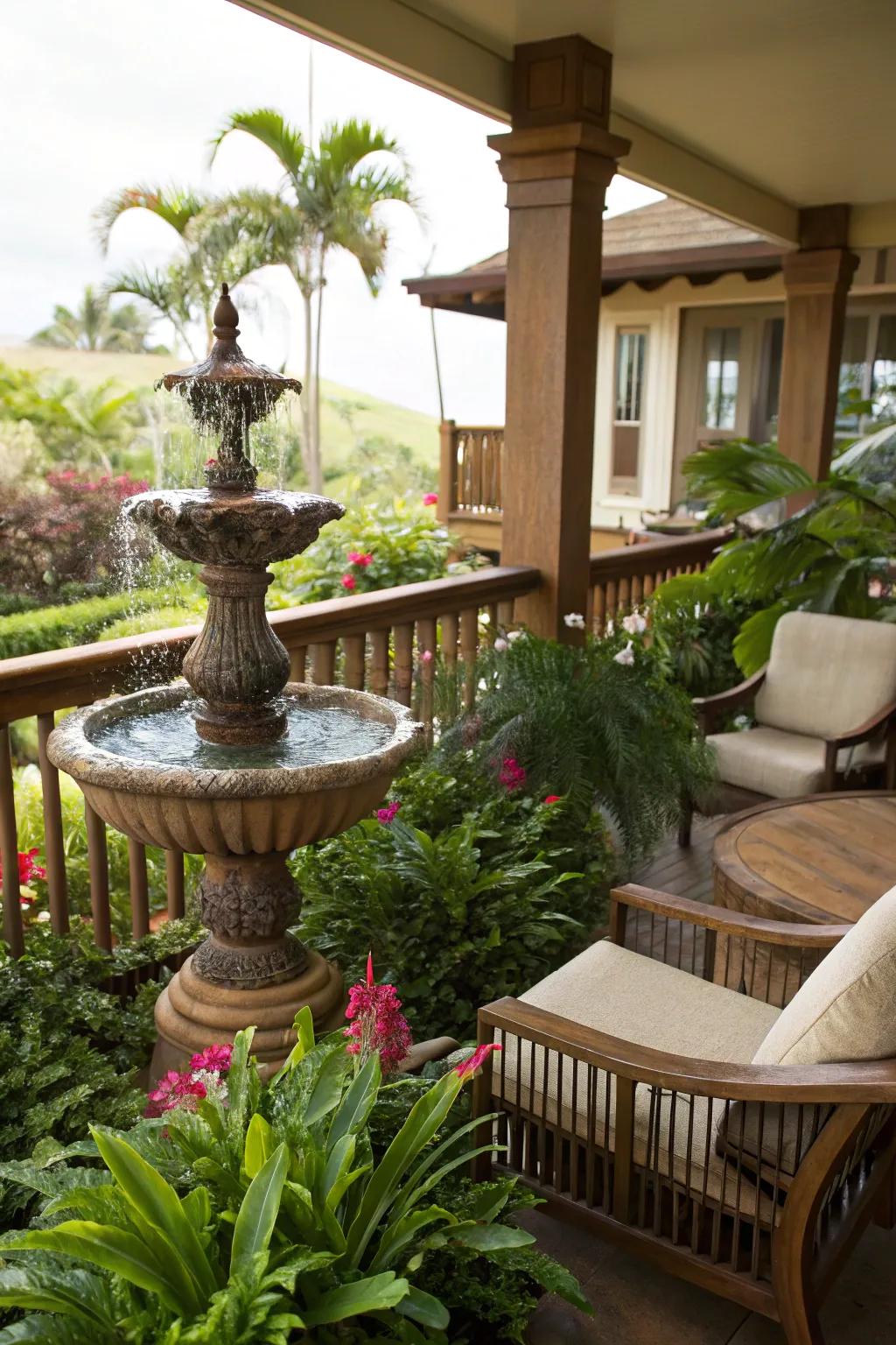 A water feature brings tranquility to your lanai.