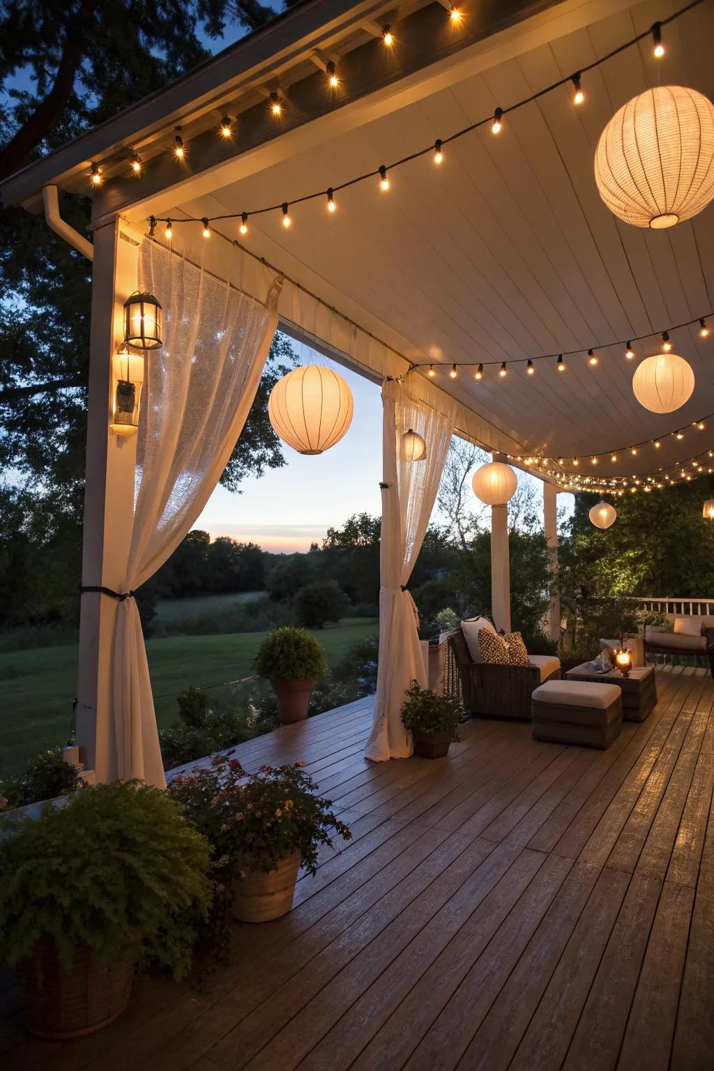 Ambient lighting transforms your lanai into an evening retreat.