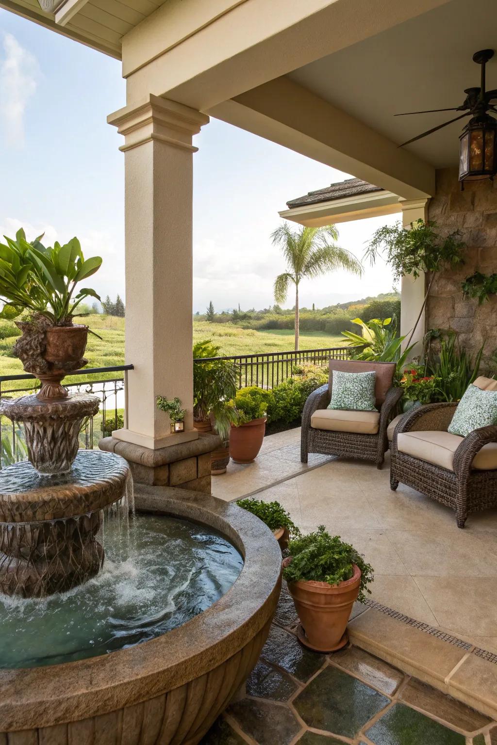 A water feature creates a soothing ambiance.