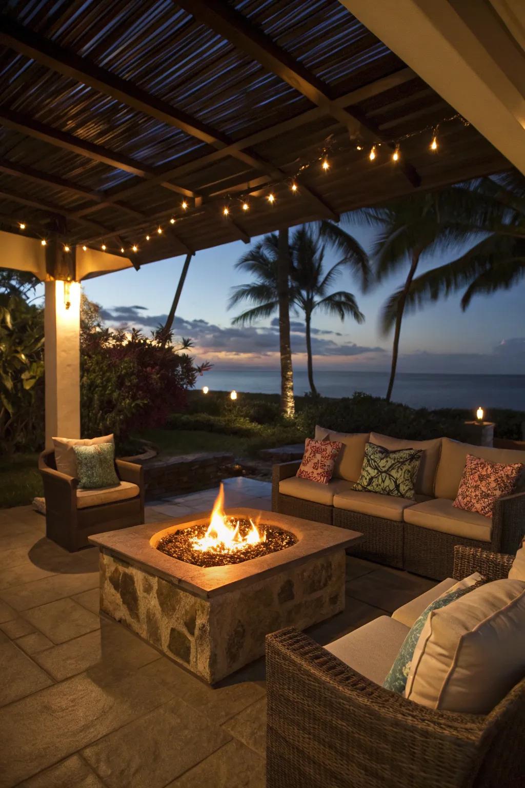 A cozy lanai with a fire pit, perfect for evening gatherings.
