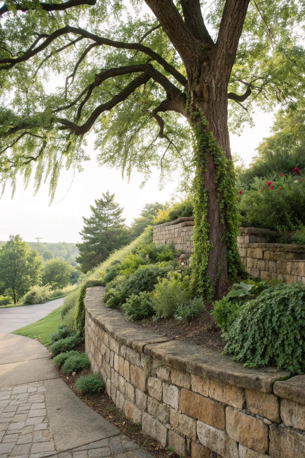 A stone retaining wall elegantly embraces a tree.