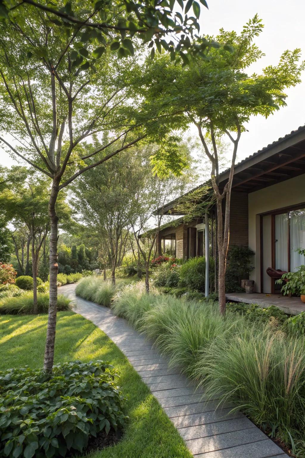 Trees and tall plants can elevate your front yard with height and elegance.