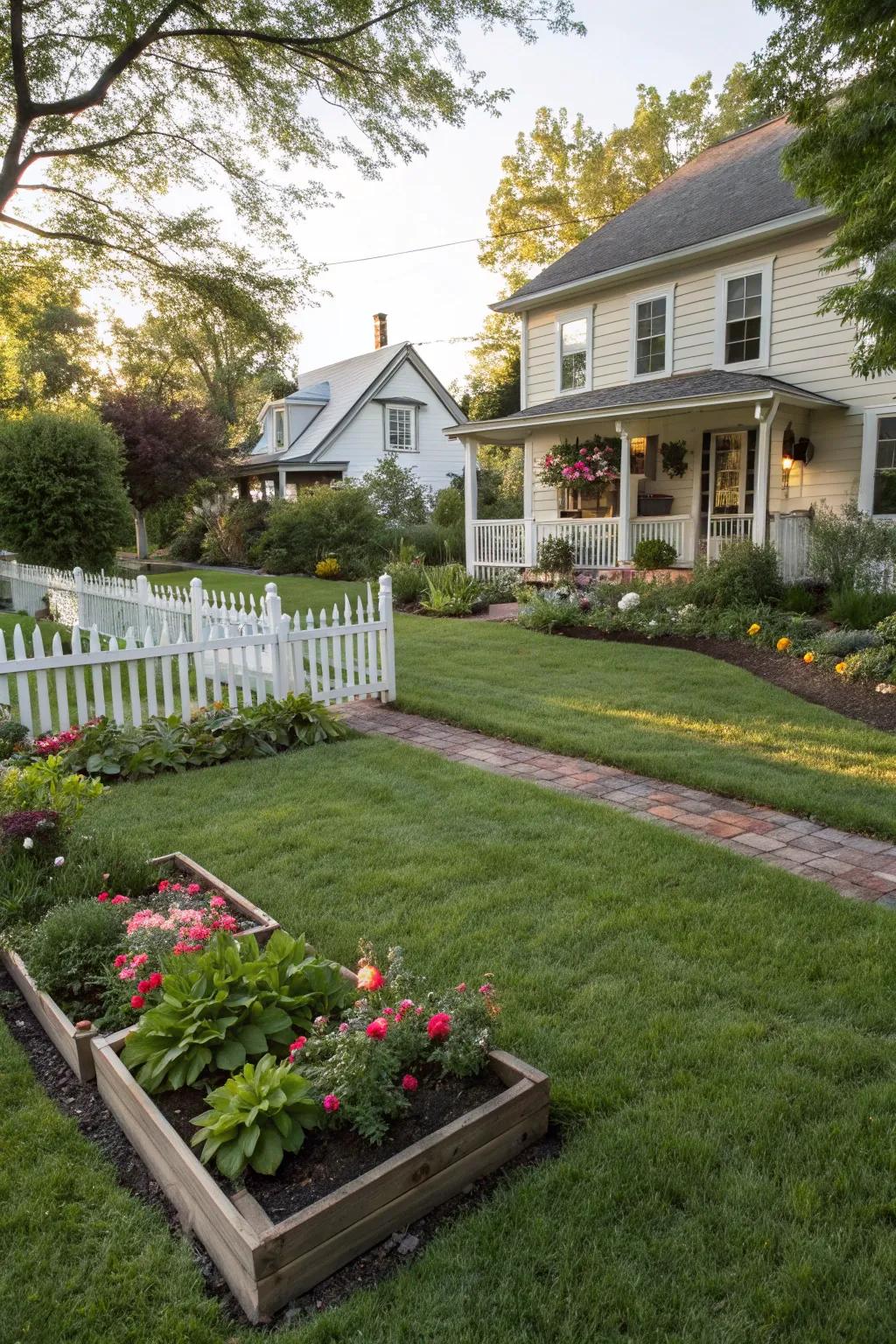 An open lawn provides a clean backdrop for the garden