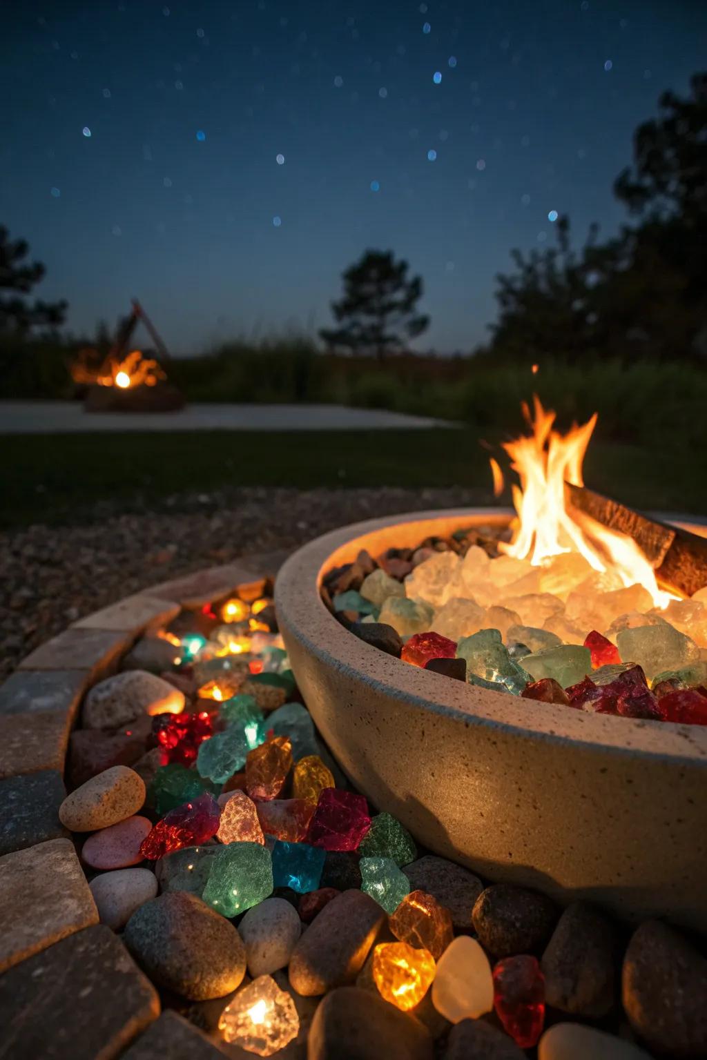 A fire pit enhanced by glass creates a warm and colorful atmosphere.