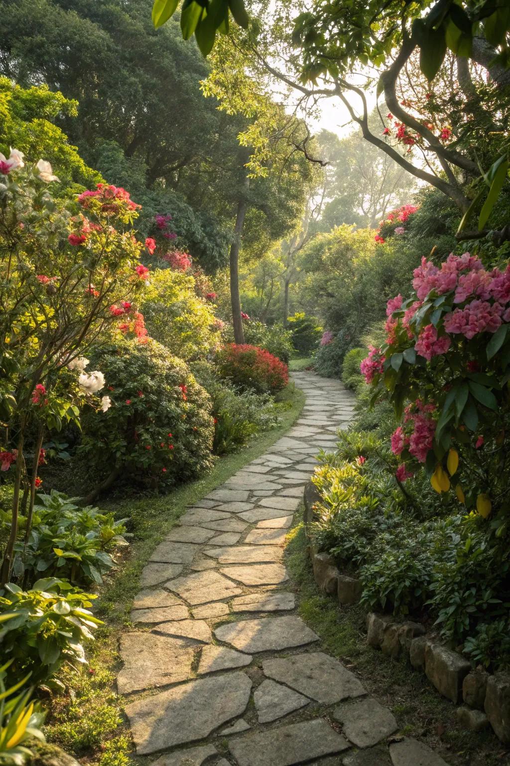 A charming stone pathway guiding visitors through the garden.