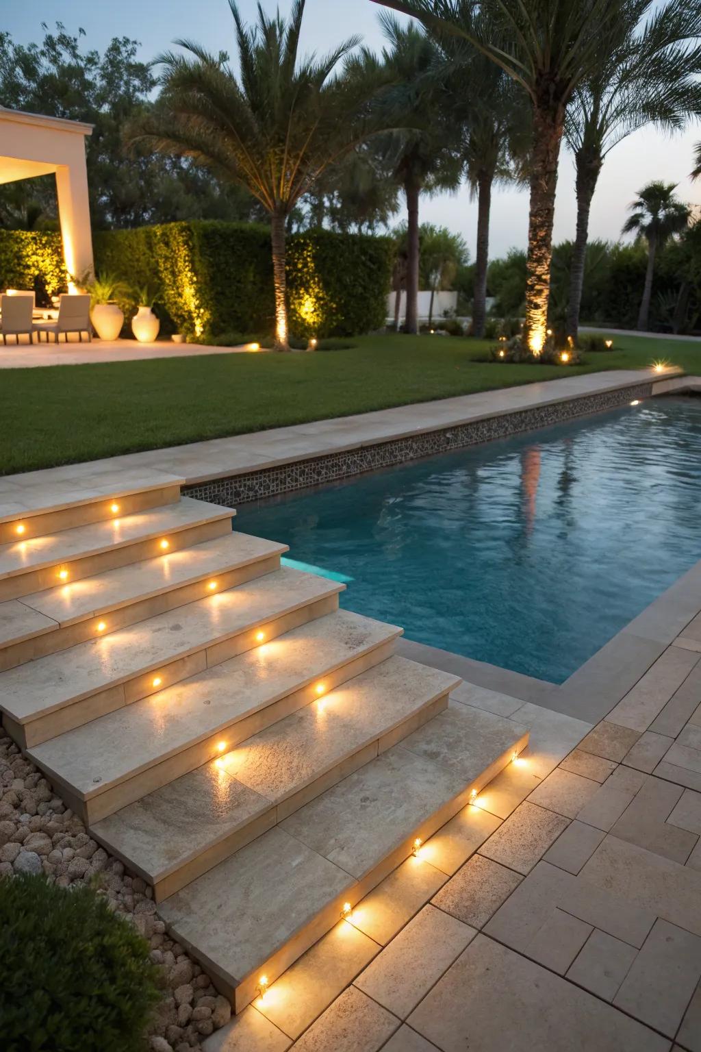 Step lights provide safety and style around the pool.