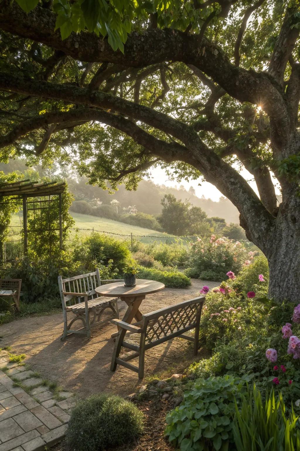 Shaded sitting areas under trees offer serene retreats.