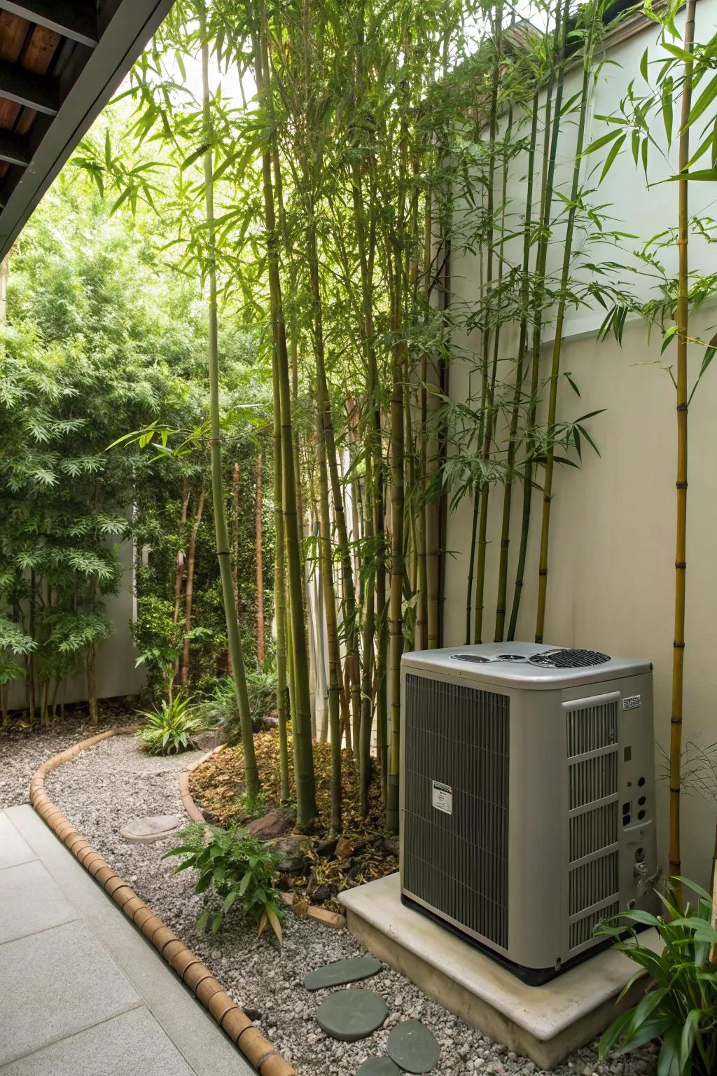 Bamboo shoots offering a fast-growing, tranquil screen for an AC unit.