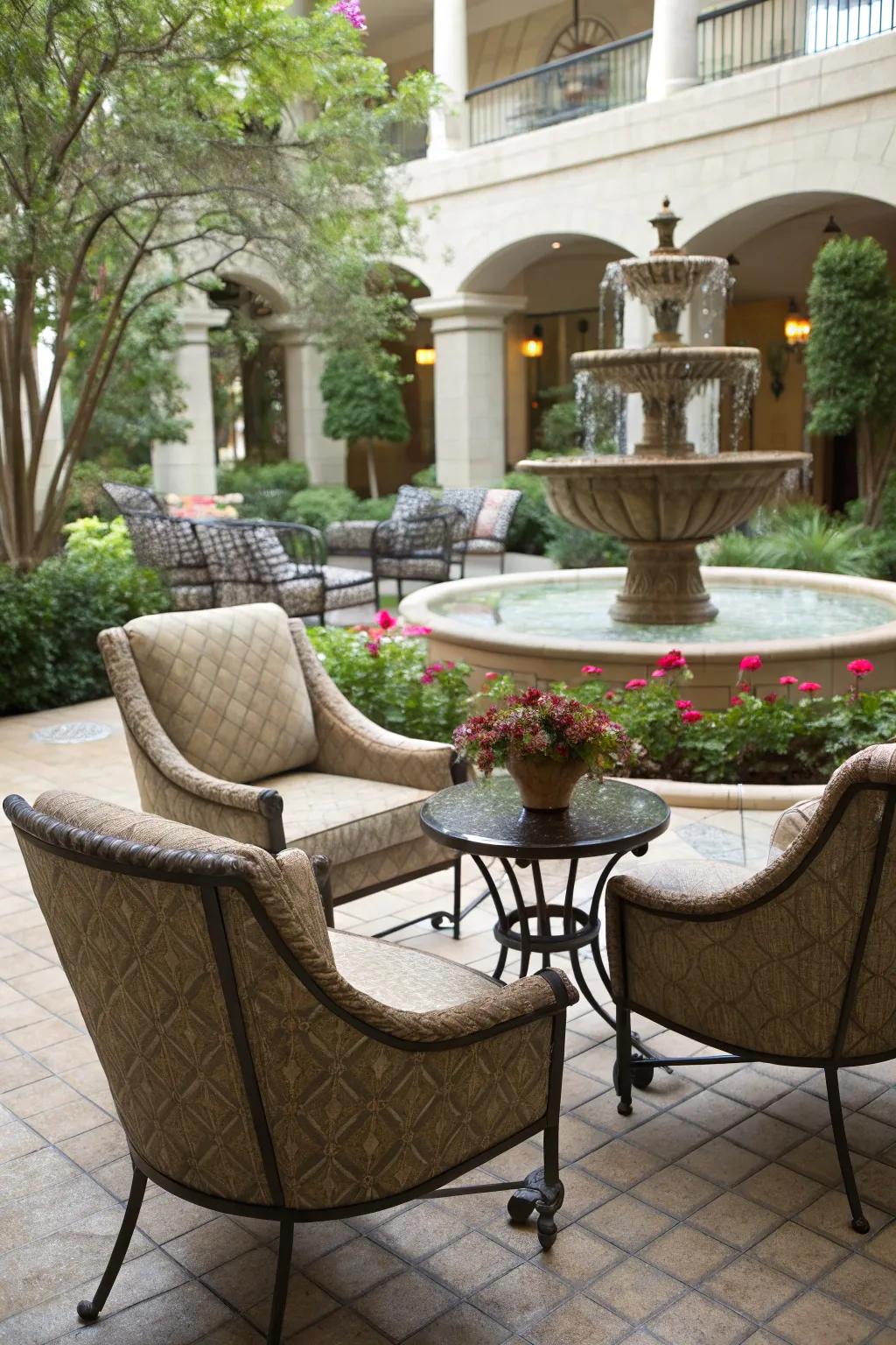 A relaxing seating area beside a tranquil garden fountain.