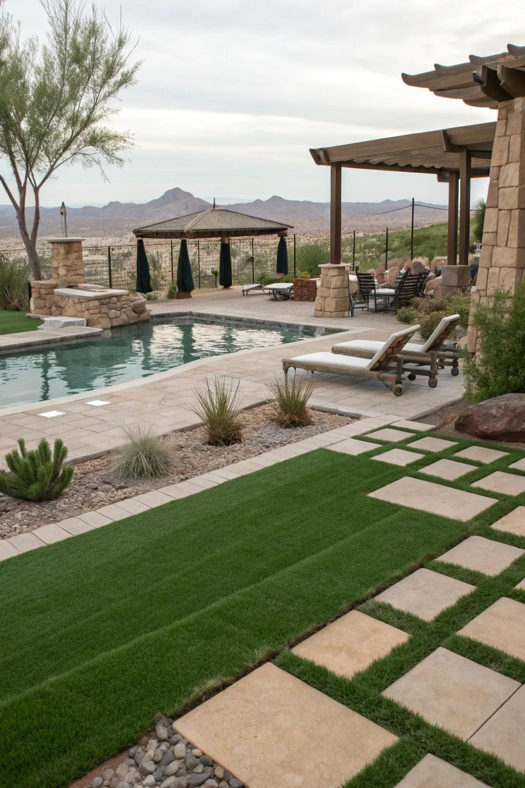 A perfect poolside setting with lush artificial grass and elegant stone accents.