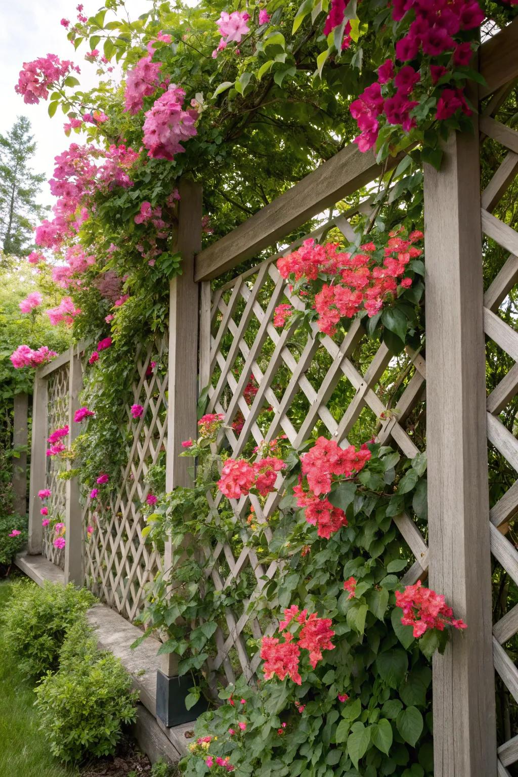A lattice screen beautifully complemented by intertwined flowers.