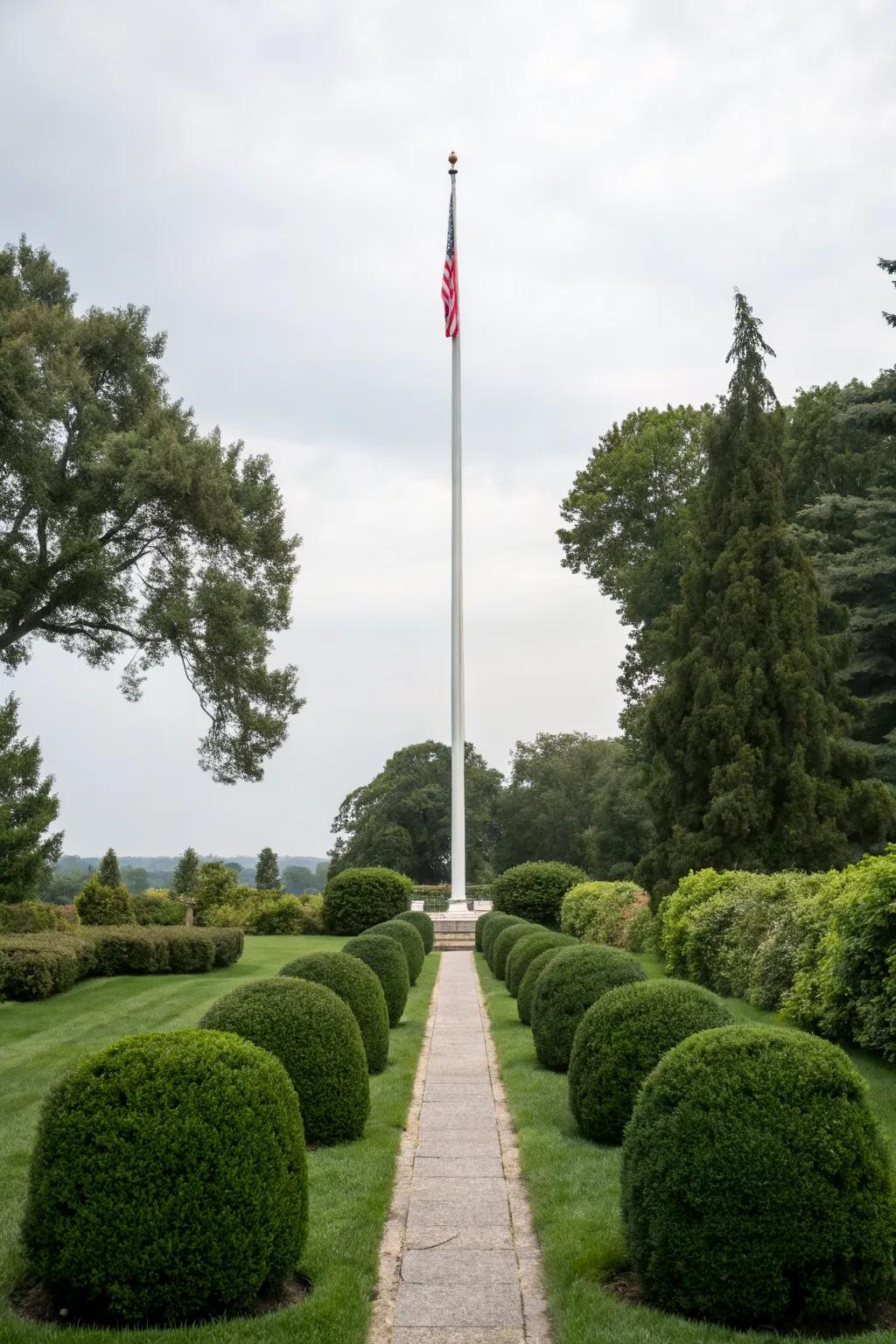 Shrubs provide a lush green backdrop for the flagpole.