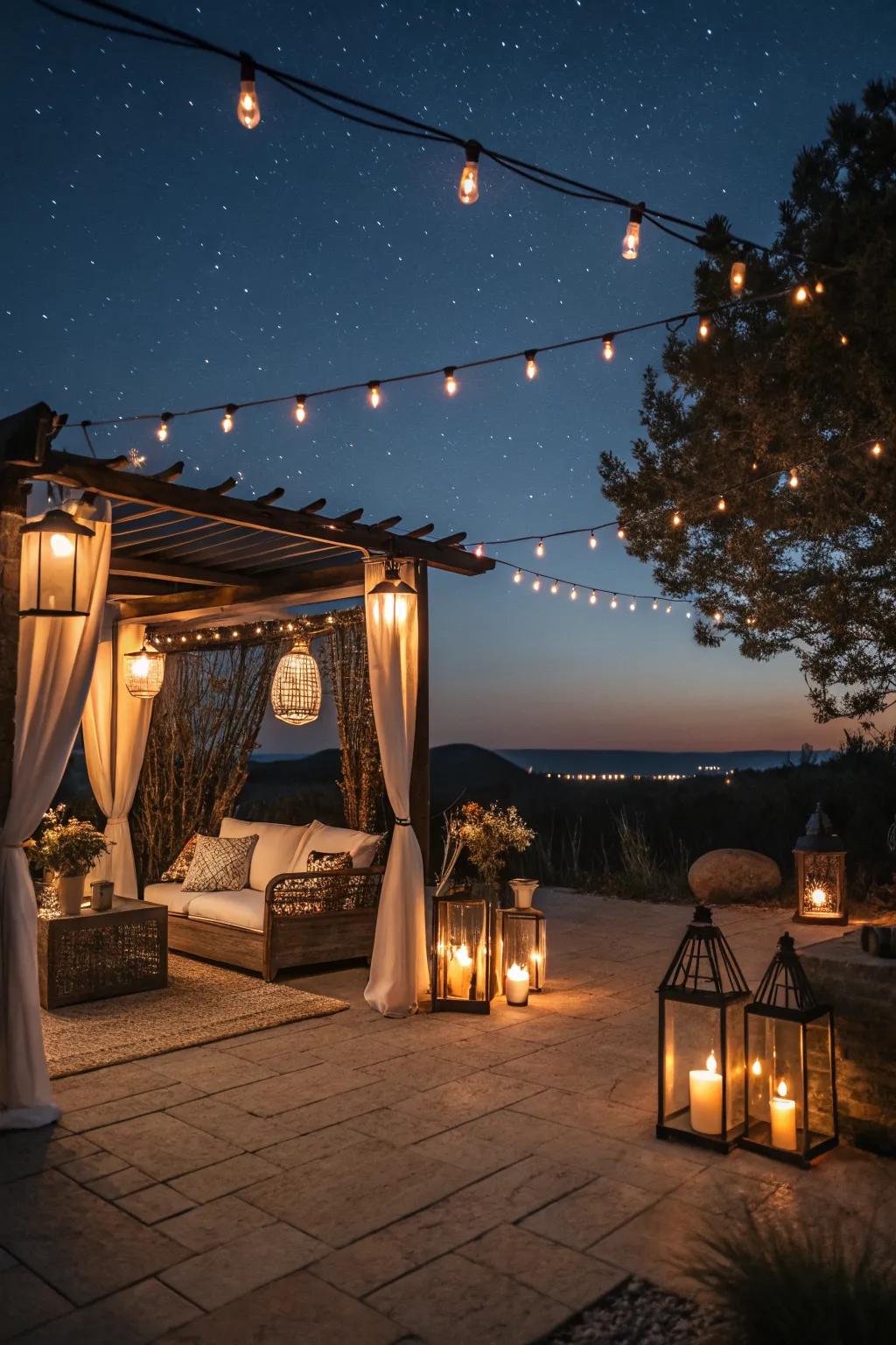 Outdoor lighting enhances the ambiance of a patio at night.