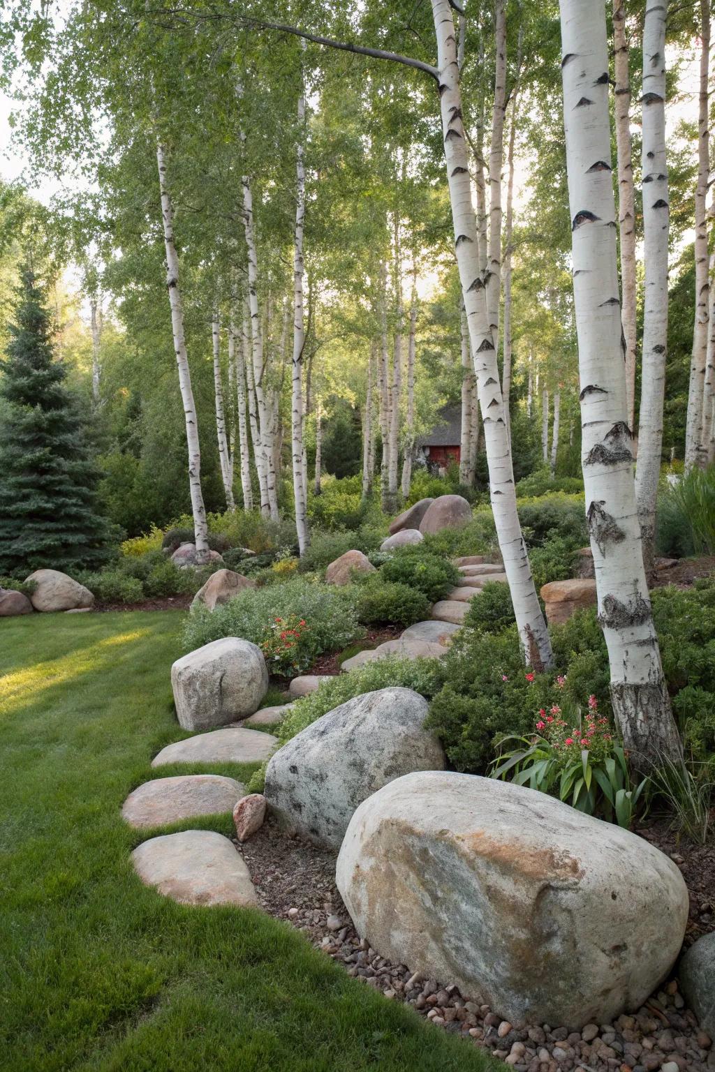 Natural stones add texture and interest to your birch tree landscaping.