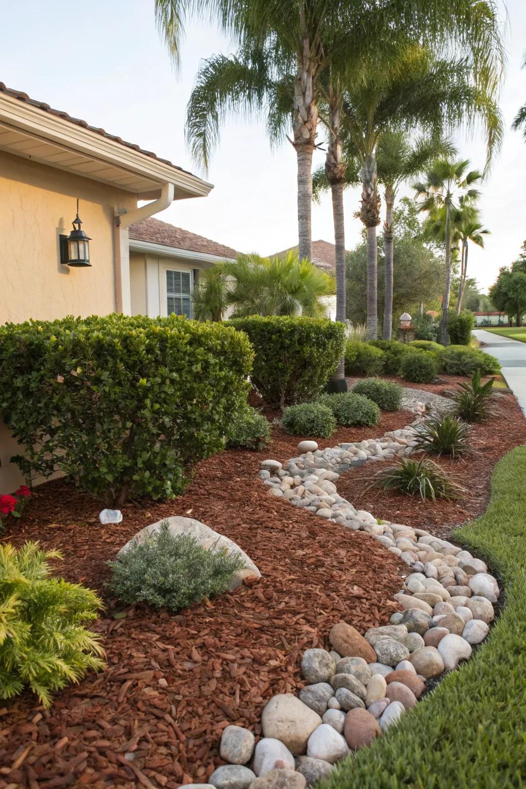 Mulch and stones provide practical and aesthetic ground cover.