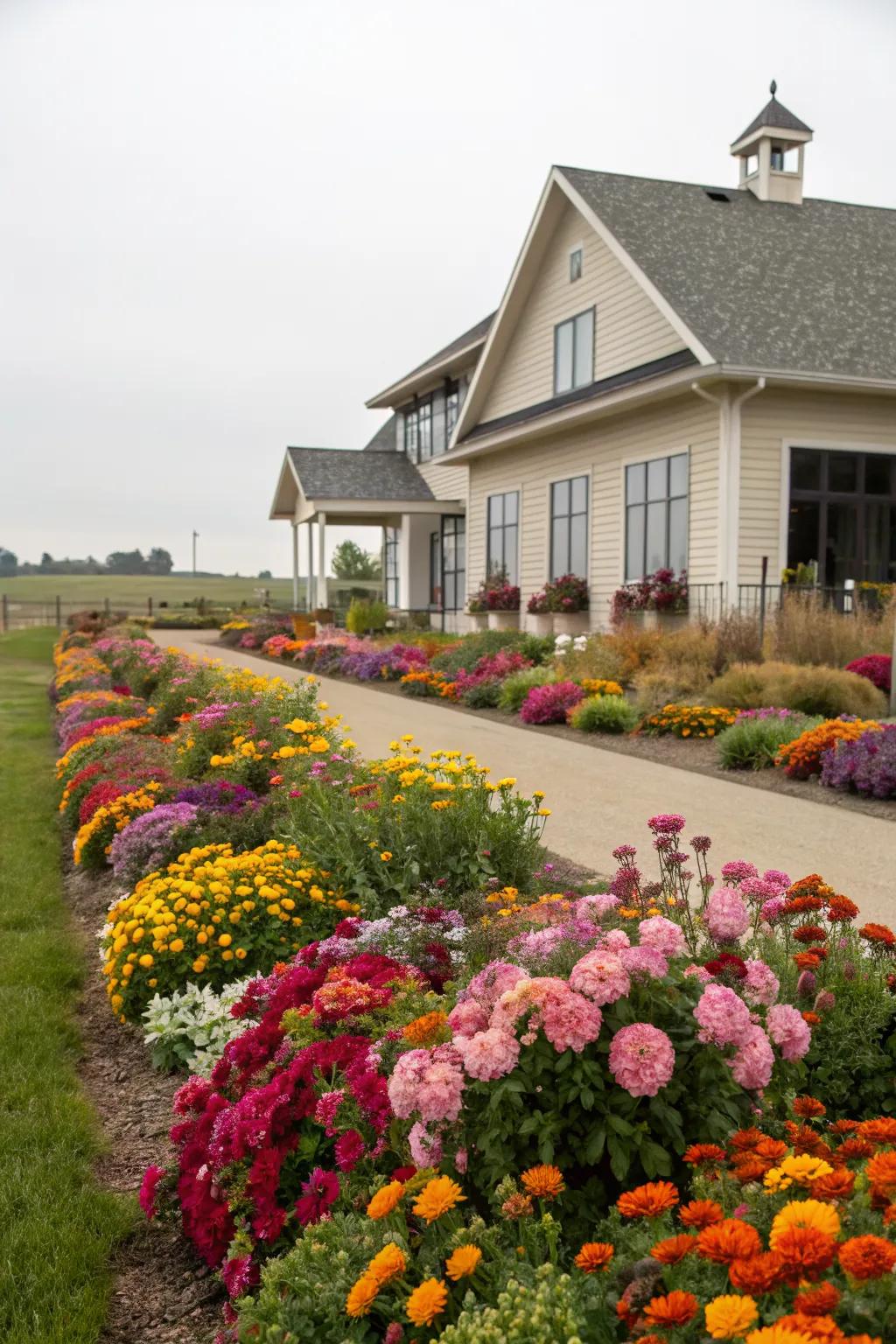 Colorful flower beds bring vibrancy to the landscape