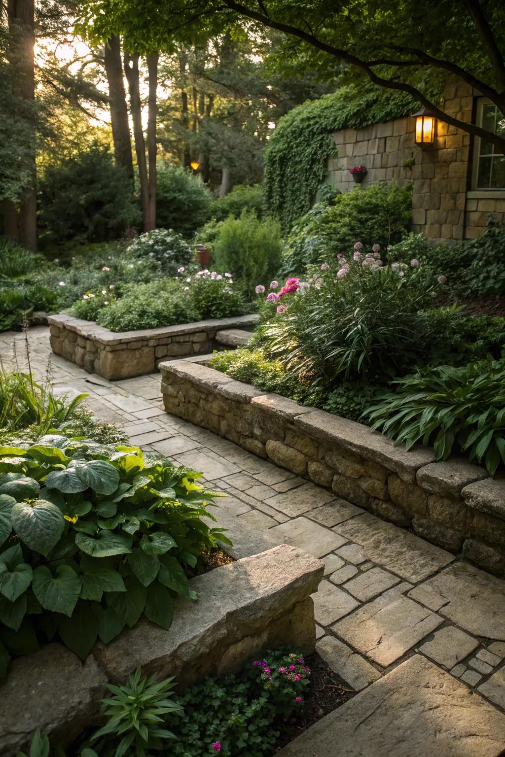 Stone borders add a neat and polished look to shaded gardens.