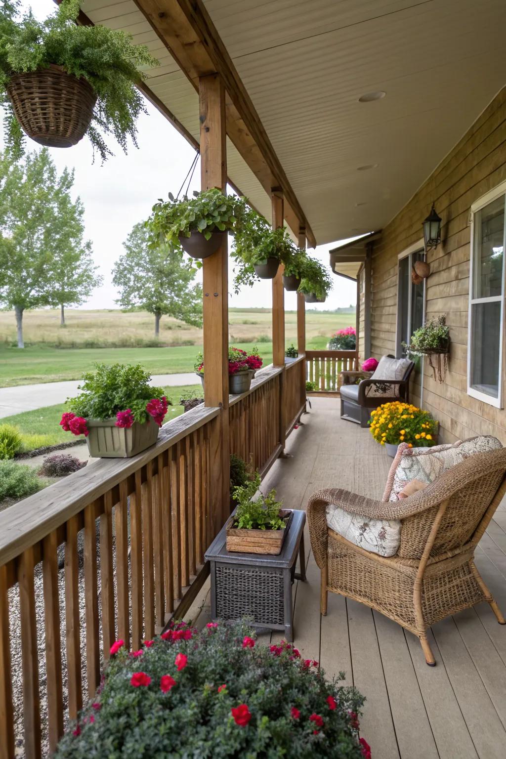 Greenery makes the porch feel inviting and homely.