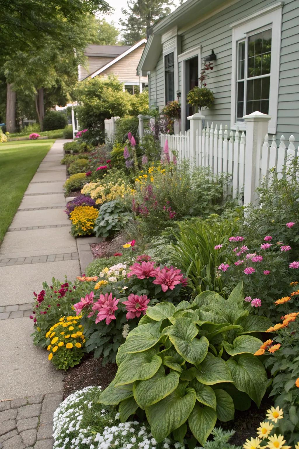 A vibrant tapestry of colorful foliage adds life to this front yard landscape.