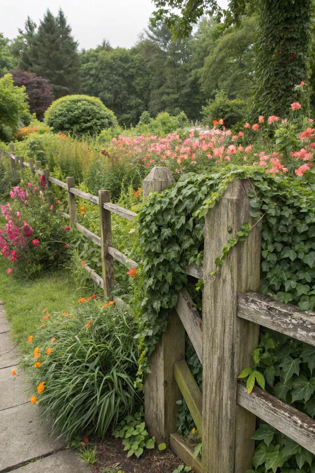 A privacy fence softened with lush ivy and plants.