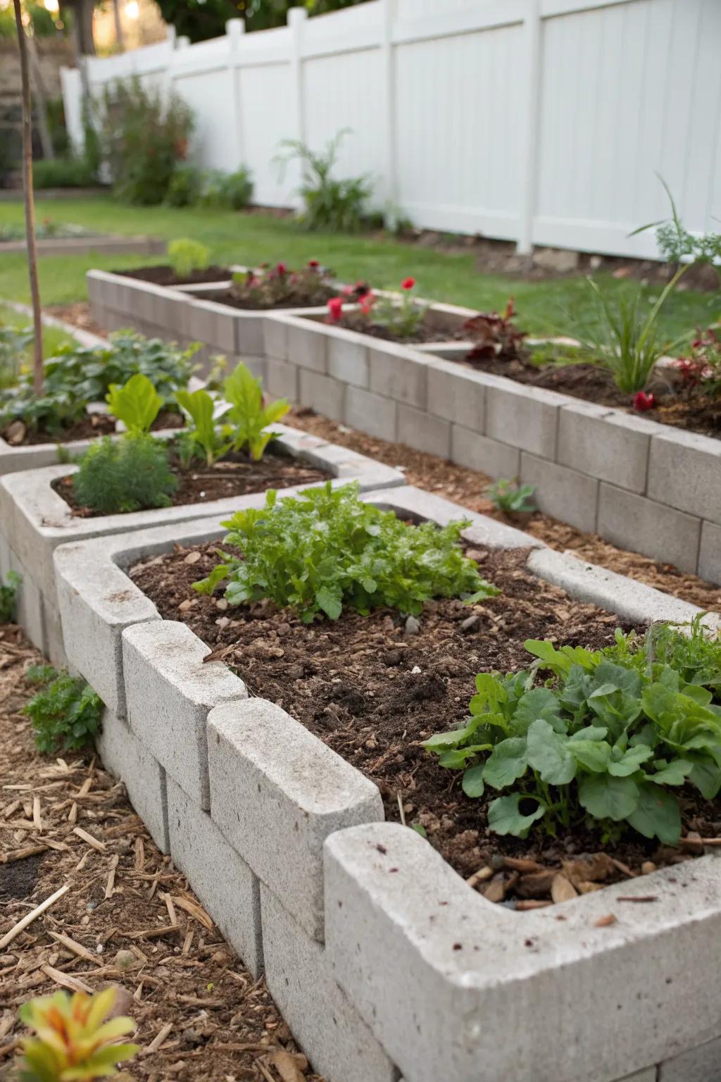 Garden edging using cinder blocks for a tidy look.