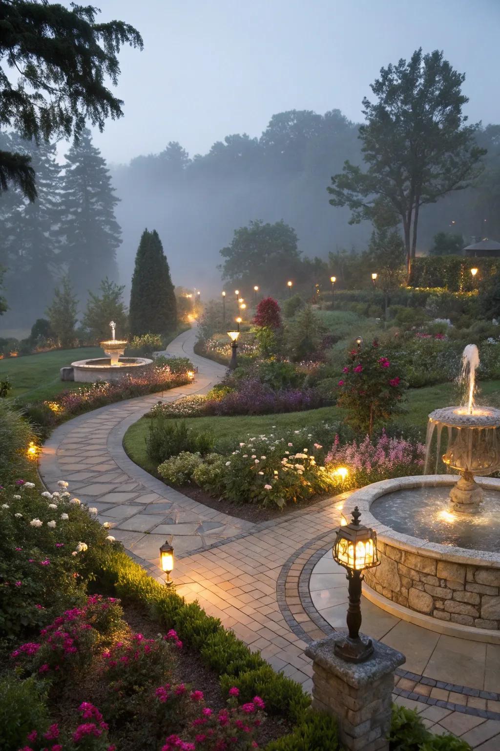 Landscape lighting adds ambiance and highlights features.