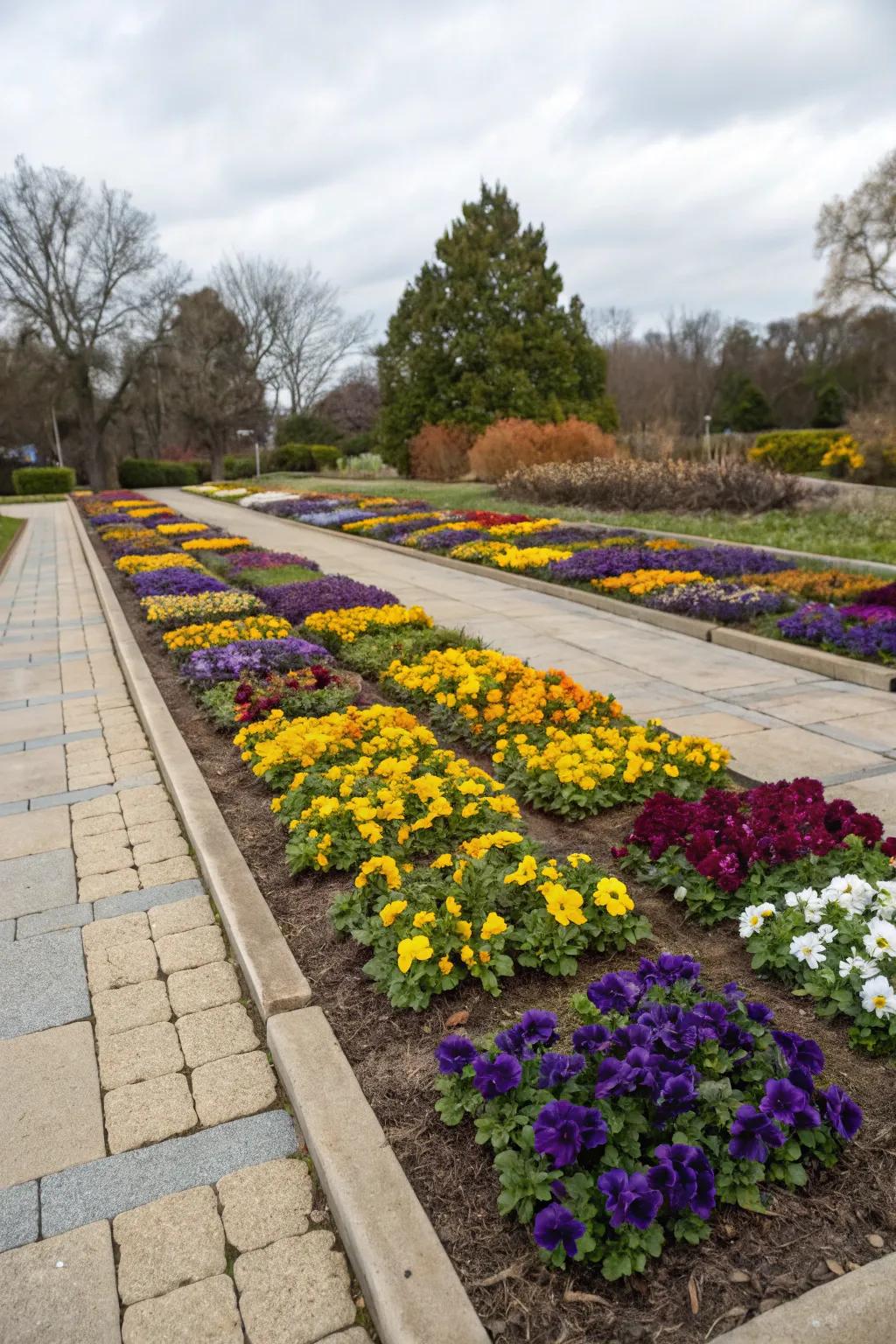 Bold color block planting with vibrant pansies.