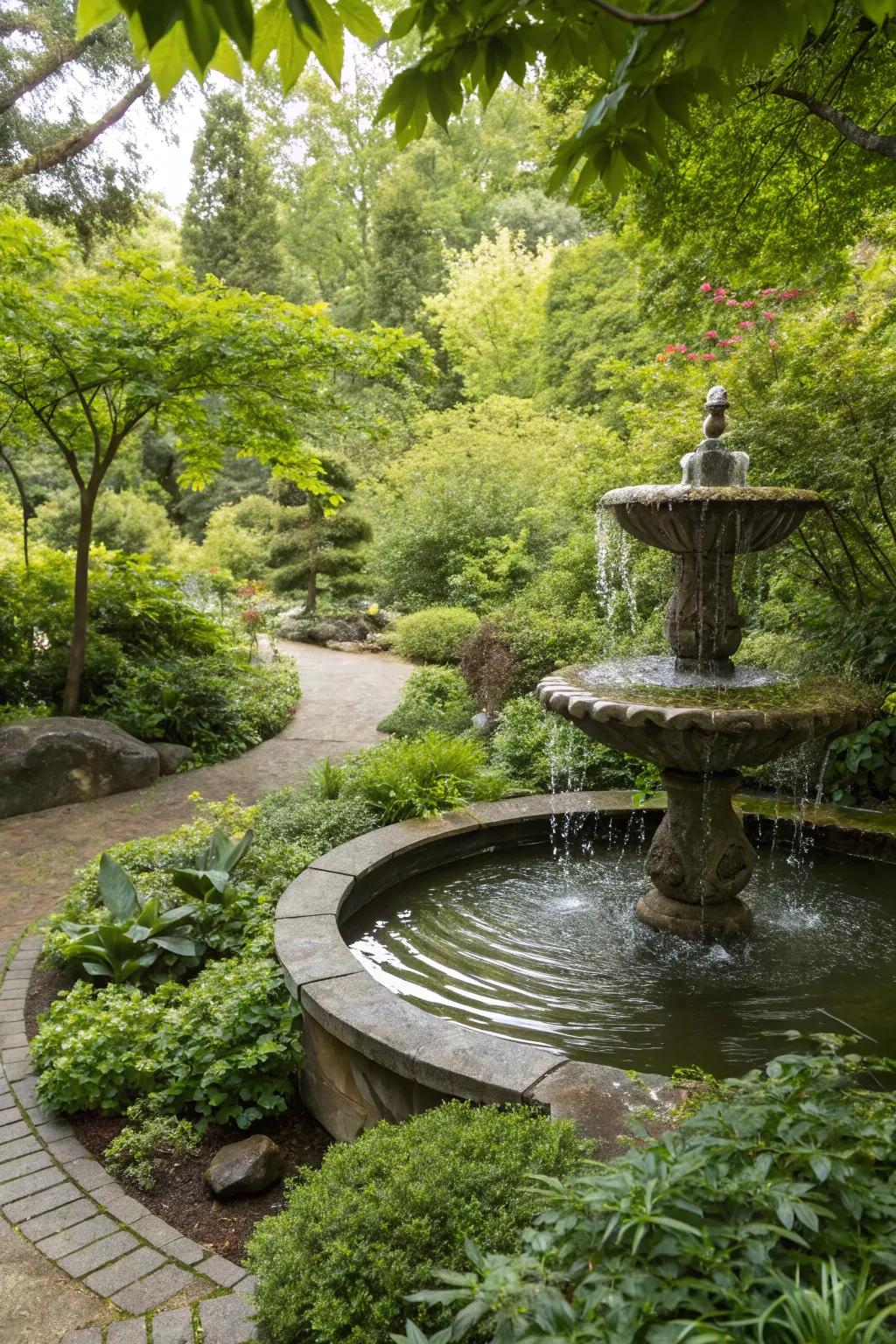 A water feature creates a serene and calming garden atmosphere.