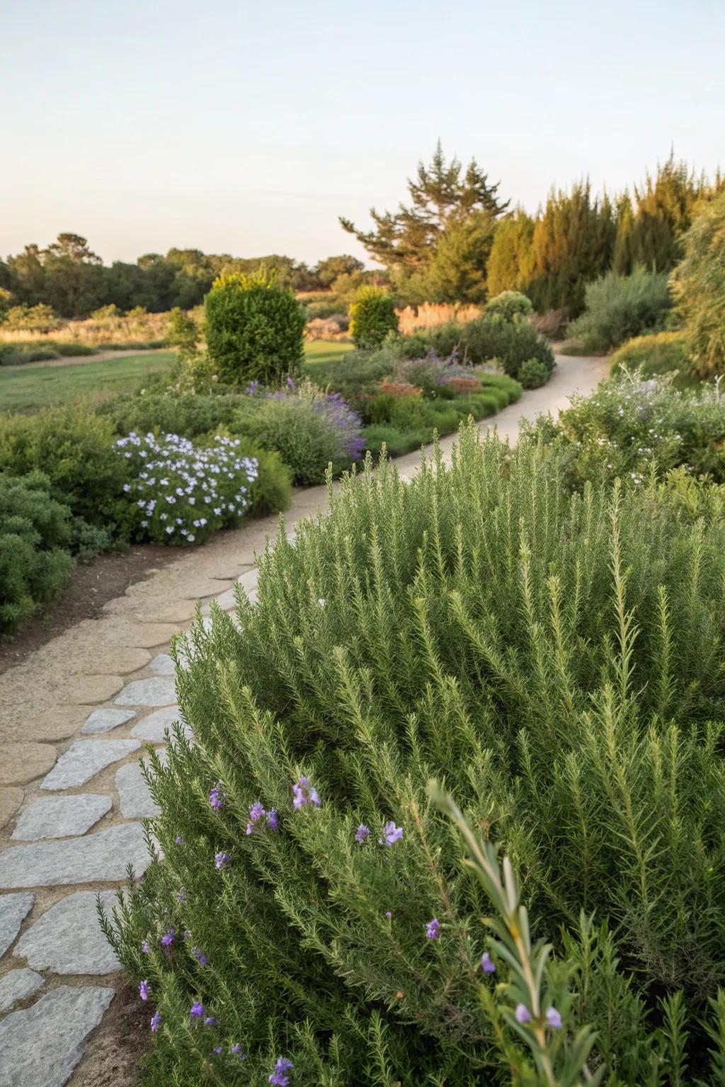 Rosemary bushes used effectively as ground cover.