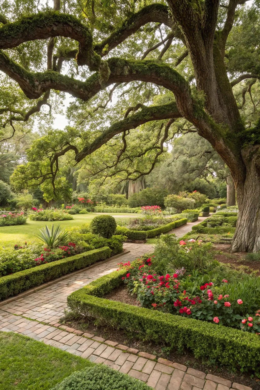 Neat and organized garden spaces defined by edging and borders under an oak tree.