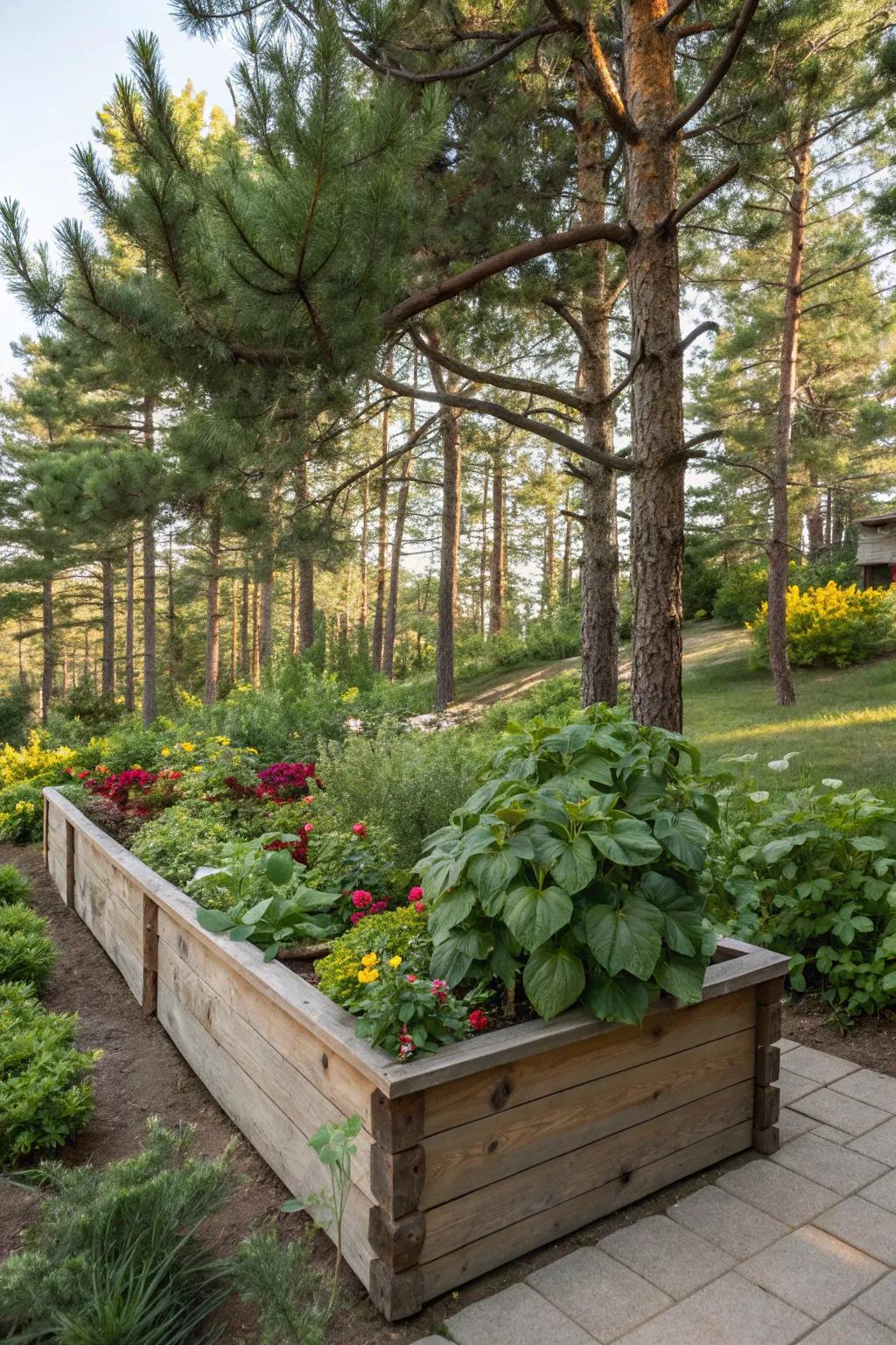 A thriving raised garden bed under pine trees.