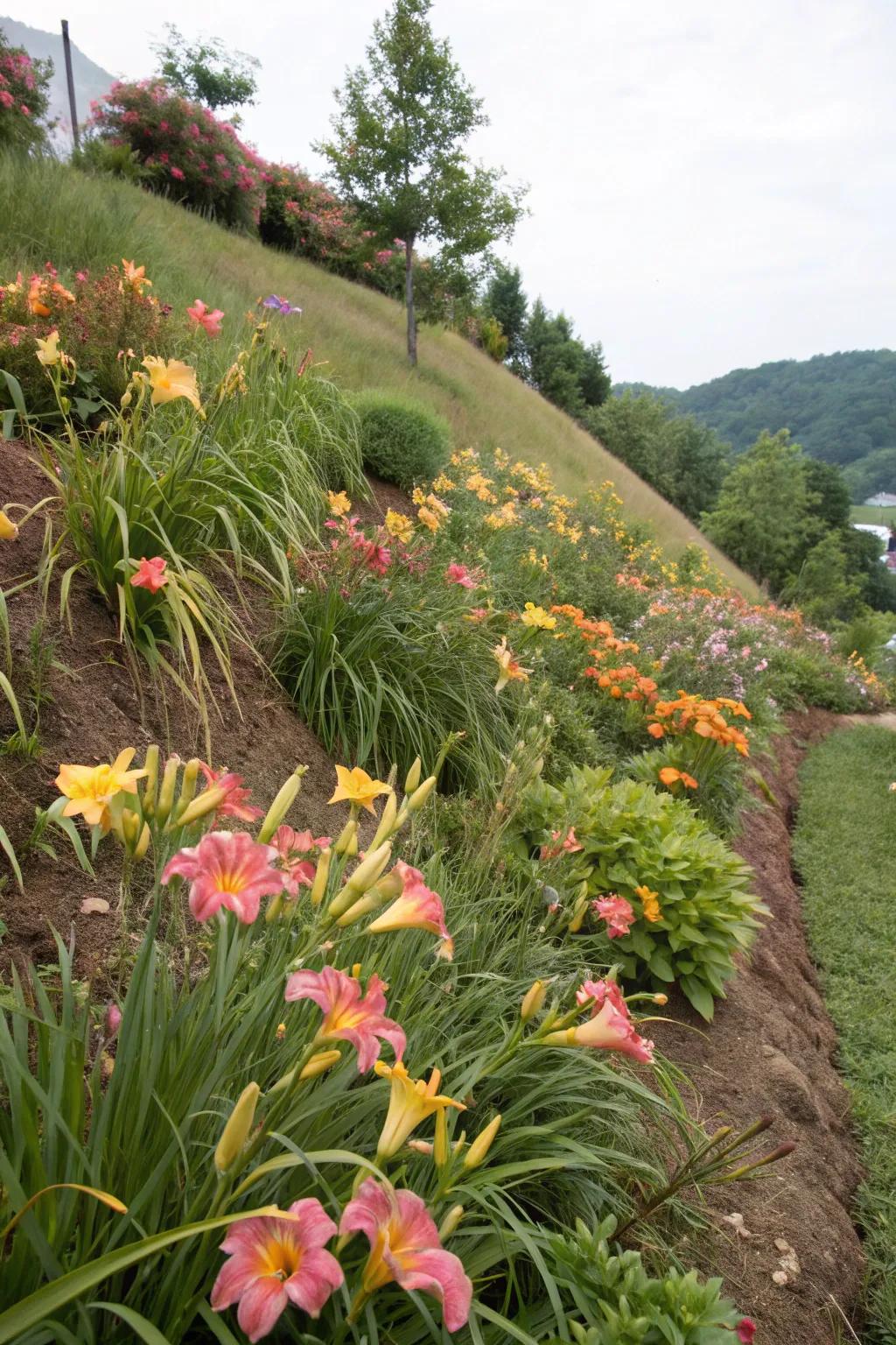 Daylilies conquering challenging slopes.