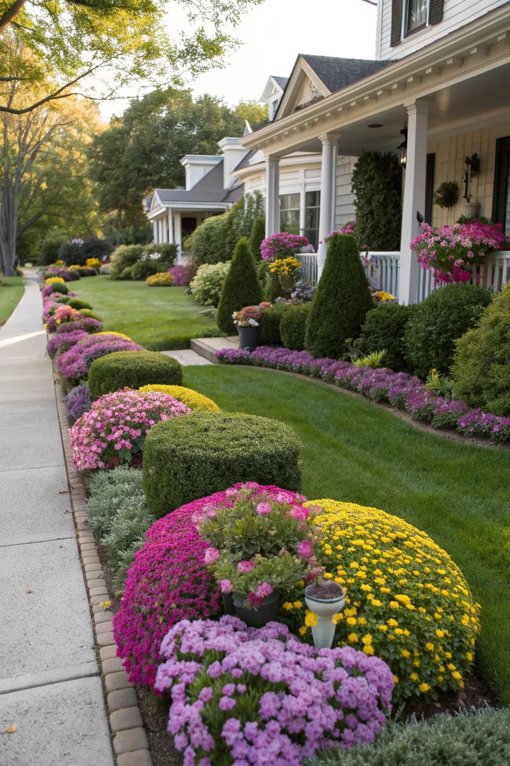 Structured front yard flower designs for added curb appeal.