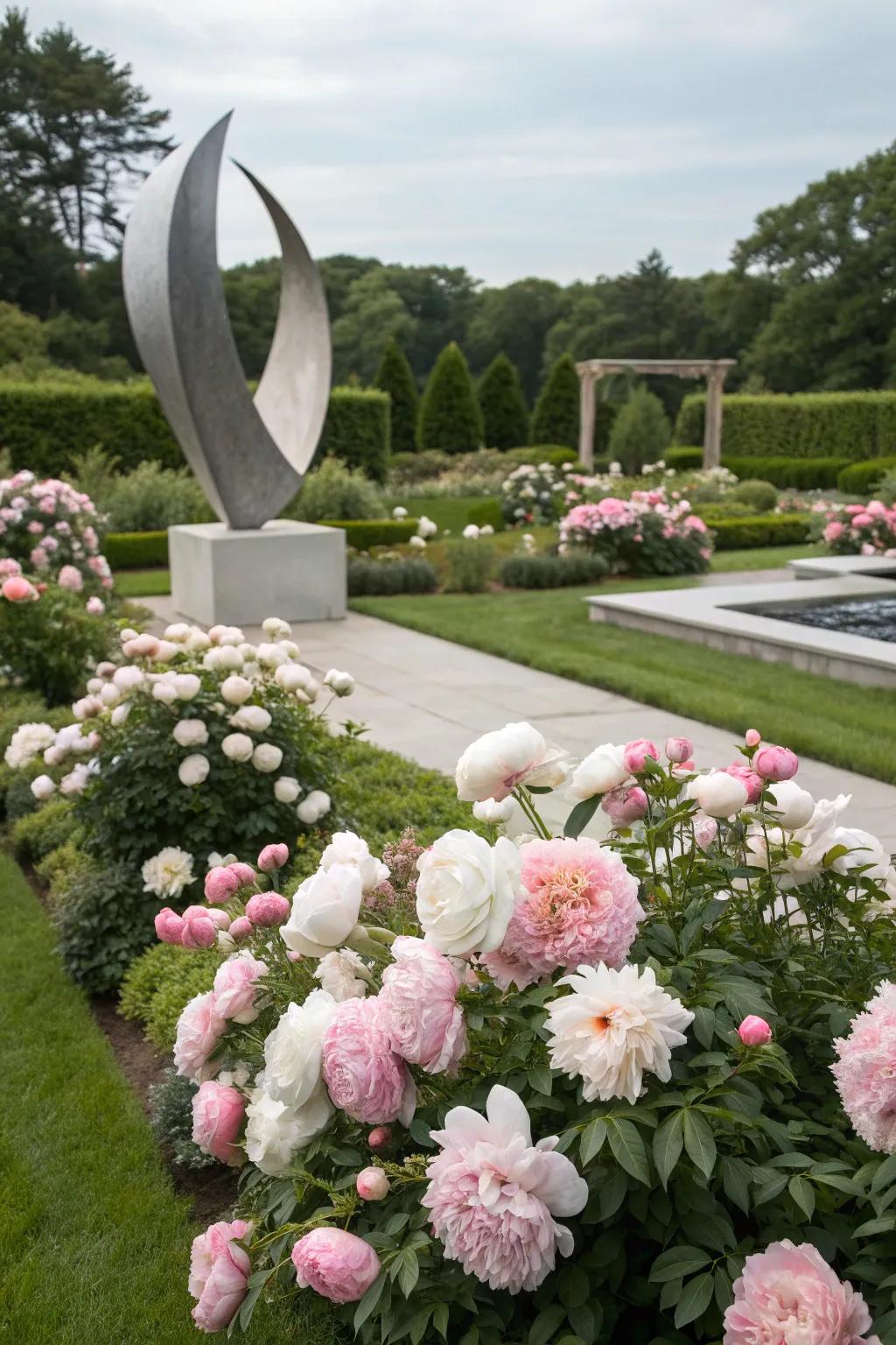 An artistic garden featuring peonies around a modern sculpture.