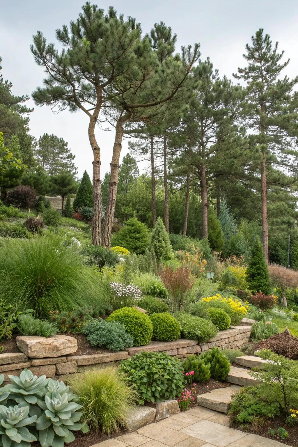 Layers of plants create depth in a pine tree garden.